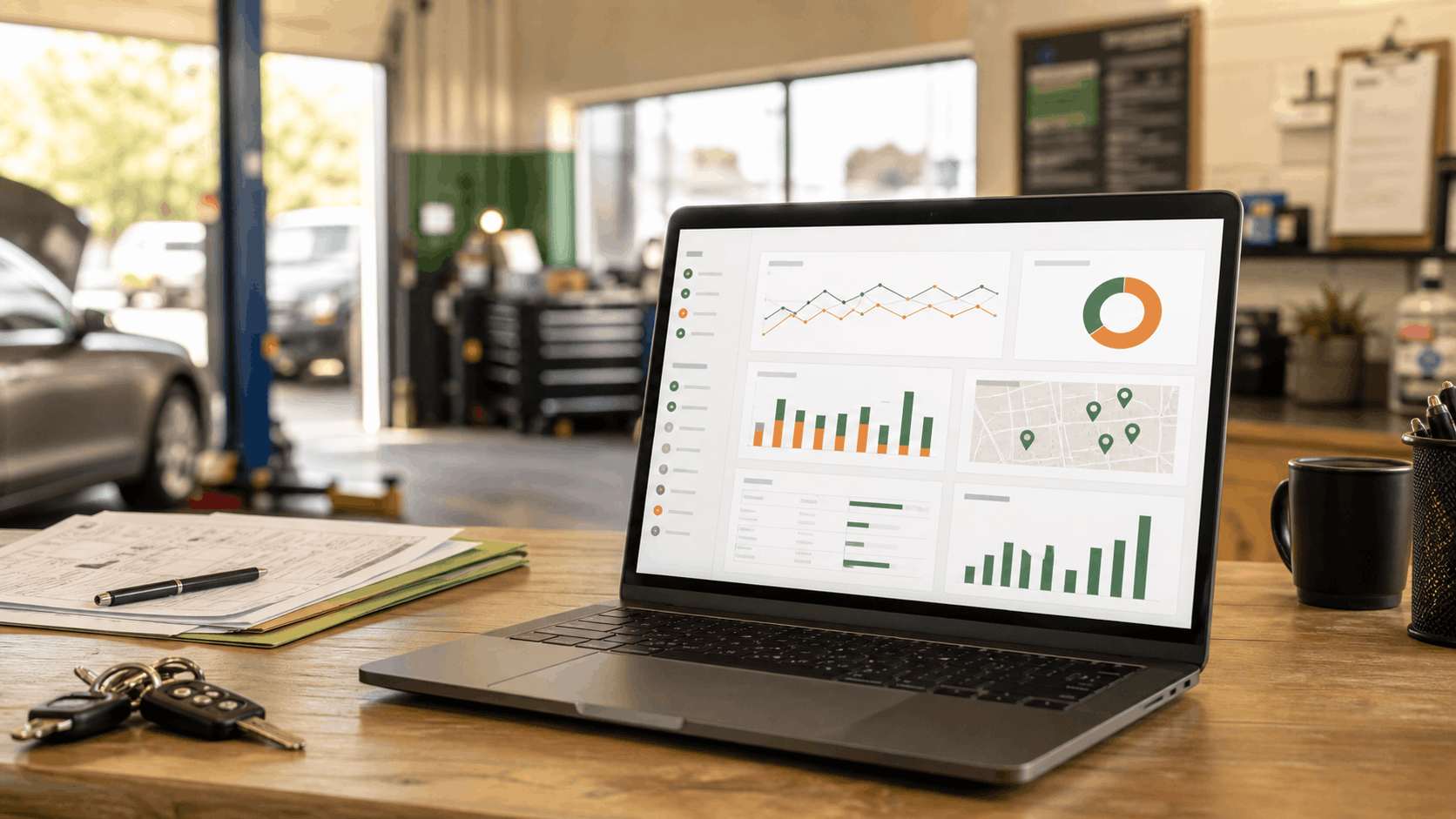 Google Ads dashboard concept in an auto repair shop office
