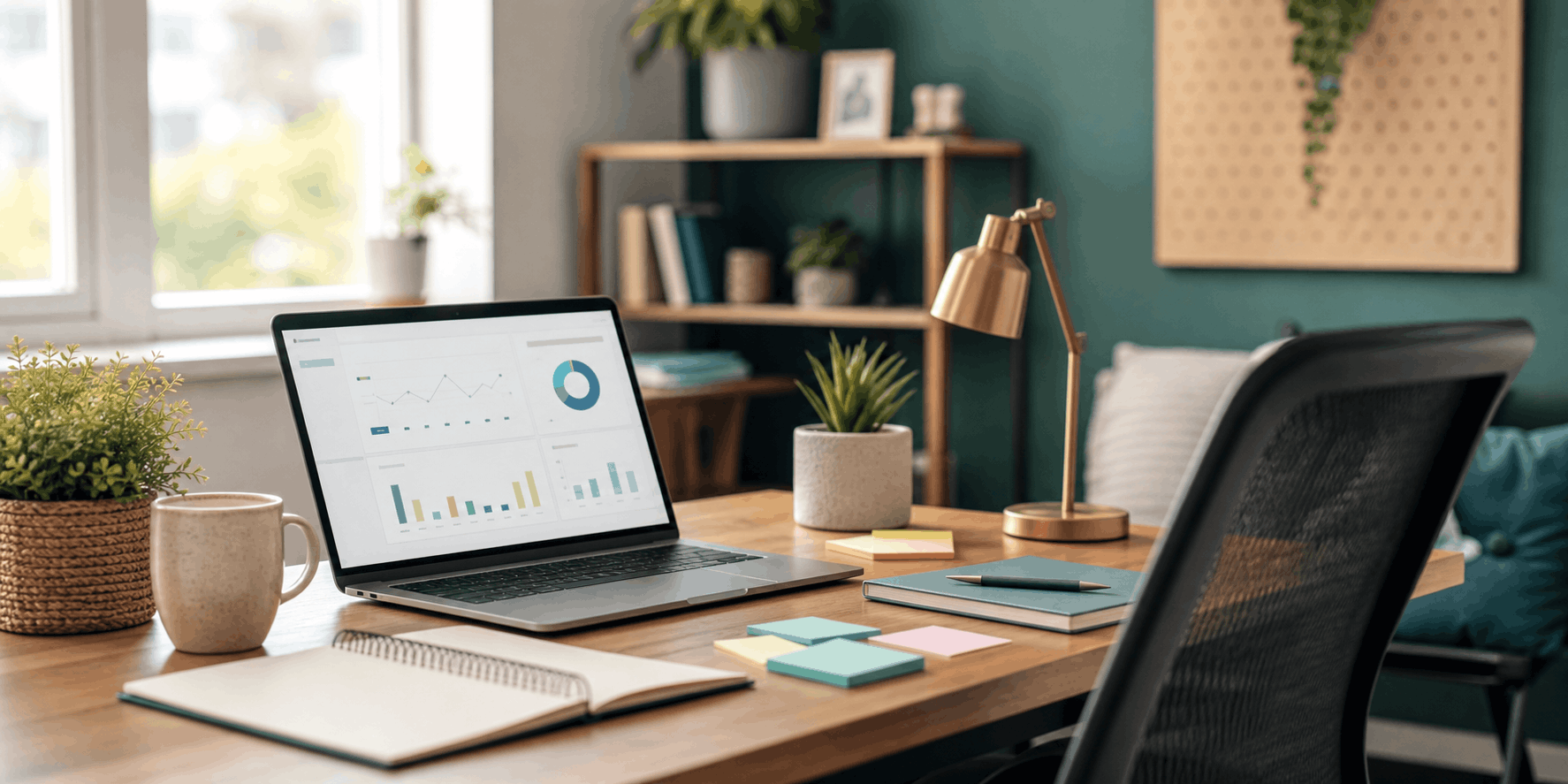 A friendly small business marketing workspace with campaign charts on a laptop